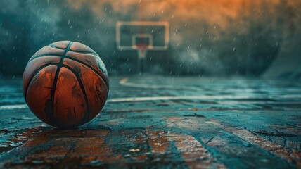 Basketball on outdoor court in rainy weather, hoop background