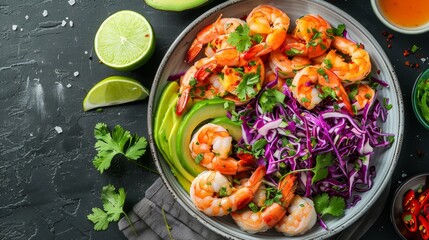 Beach Picnic Background with Shrimp, Avocado, and Cabbage Slaw

