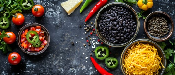 Rustic Kitchen Background with Black Beans, Cheese, and Jalapeños

