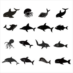 set of silhouettes of fish