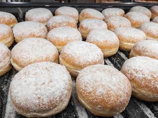 German Berliner Powdered Sugar Coated Donuts Freshly Baked