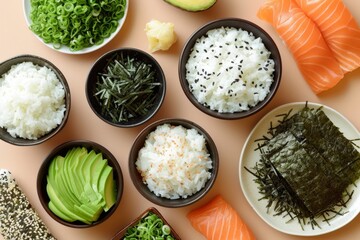 Minimalist Background with Sushi Rice, Nori, Salmon, and Avocado

