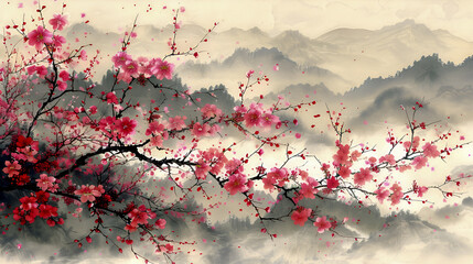 Cherry Blossoms with Misty Mountains in the Background