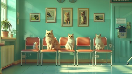 Cozy and Calming Veterinary Clinic Waiting Room with Vintage Inspired Decor and Friendly Feline Companions