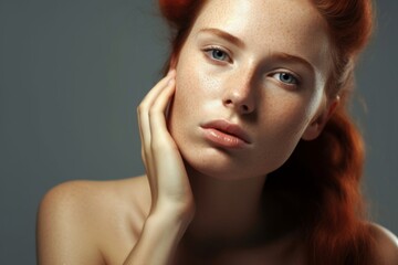 portrait of a clean freckled red-haired caucasian young woman