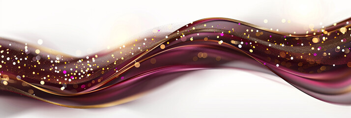 An abstract wavy background in burgundy and gold, with luxurious multicolor blur bokeh lights over a white background.