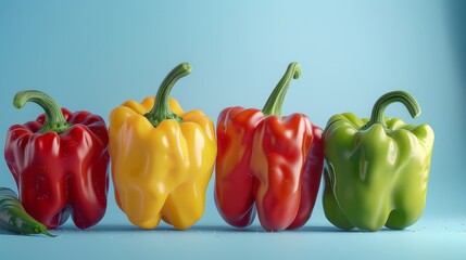 Bell peppers, a photorealistic illustration against pastel blue background with copy space for text...