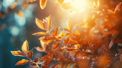 Sunlight illuminating vibrant autumn leaves on branches in forest - Powered by Adobe