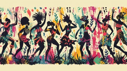 African People Dancing in Ethnic Abstract Tribal Pattern

