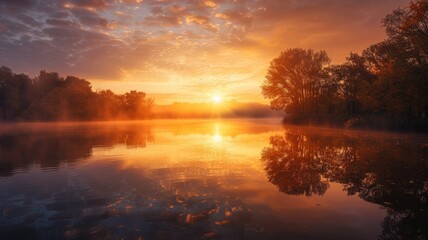 Obraz premium Vibrant sunset over calm lake with trees lining shore, reflecting in water