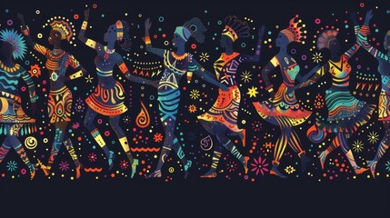 African People Dancing in Ethnic Abstract Tribal Pattern

