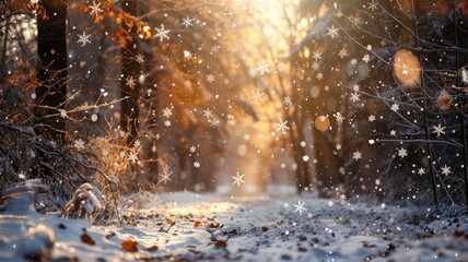 Snowflakes drift through sunlit forest path with fall foliage and early snow