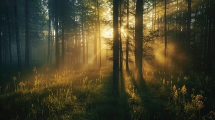 Fototapeta premium Sunlight filters through dense forest, illuminating vegetation