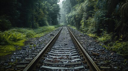 Misty railway track through forest with lush greenery on both sides