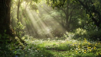 Obraz premium Sunlight filters through lush green trees in forest clearing with flowers and foliage