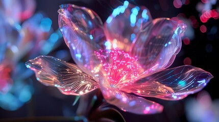 In the realm of pixels, a symphony of light orchestrates as a radiant blossom takes form, its core pulsating with iridescent energy.