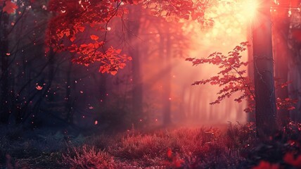Sunlight filters through magical, misty forest with red foliage