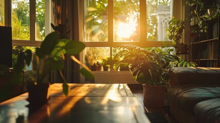Sunlit living room with numerous houseplants and cozy furniture