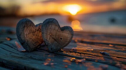 Two wooden hearts on boardwalk at sunset by beach