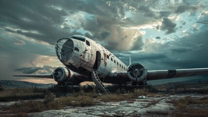 Abandoned vintage aircraft on rugged terrain beneath dramatic cloudy sky