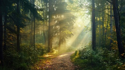 Sunlight filters through lush forest, illuminating serene pathway