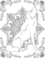 Fototapeta na wymiar Wolf on Mandala Coloring Page. Printable Coloring Worksheet for Adults and Kids. Educational Resources for School and Preschool. Mandala Coloring for Adults