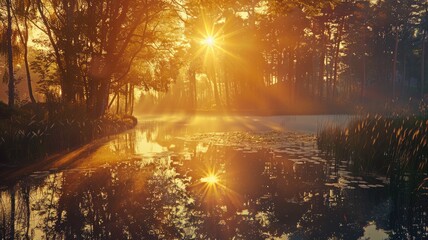 Serene sunrise over tranquil forest lake, with mist and gentle light filtering through trees