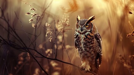 Owl perched on branch in forest at dusk