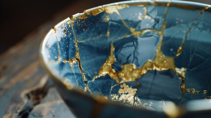 A bowl with gold trim and a blue background