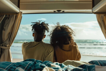 Back view of young African American couple sitting together in camper van looking at sunny beach scene during road trip, van life and relationships concept, Generative AI