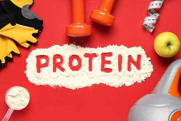 Word PROTEIN made of powder and sports equipment on red background