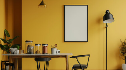 Yellow walls, Frame mockup, ISO A paper size, modern dining room with. Generative AI