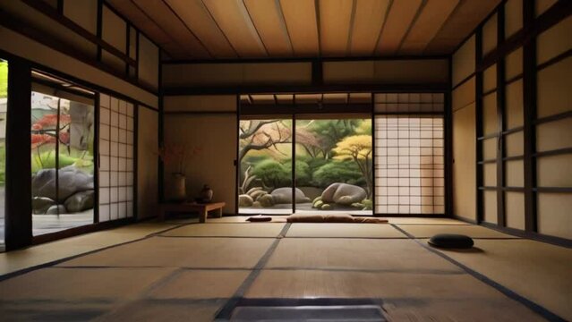 Japanese traditional room with a large window and a small rock garden. The room is empty and has a minimalist design