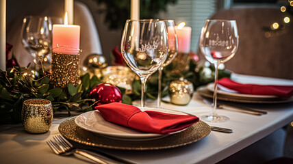 Fototapeta premium Festive date night tablescape idea, dinner table setting for two and Christmas, New Year, Valentines day decor, English countryside home styling
