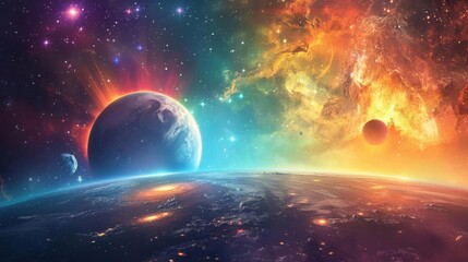 Space landscape with planets and cosmic rainbow elements around the edges, central area left blank for text