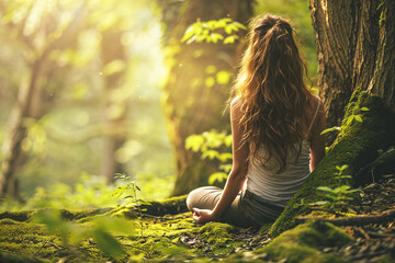 Woman Meditating in Forest with Sunlight Filtering Through Trees