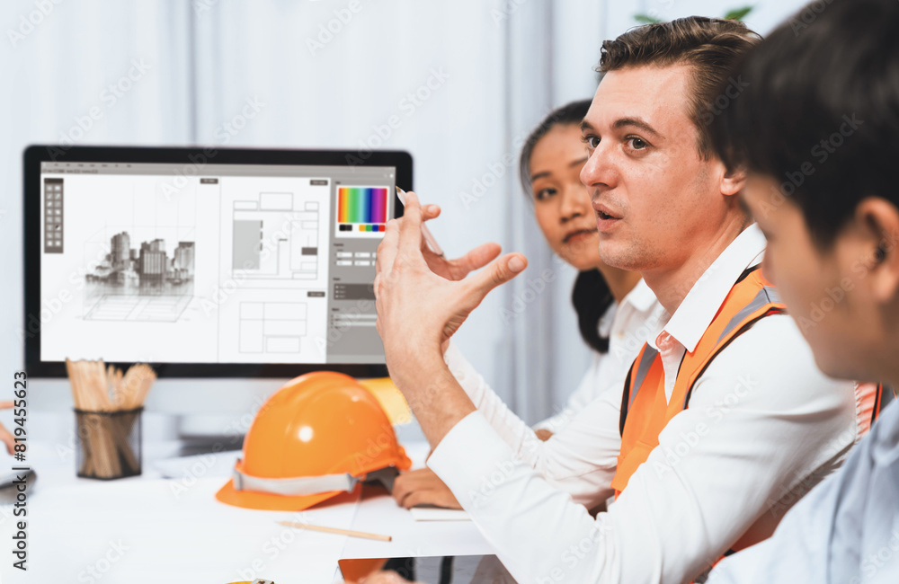 Poster diverse group of civil engineer and client working together on architectural project, reviewing cons