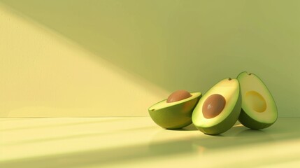 Avocados, a photorealistic illustration against pastel yellow background with copy space for text or logo, beautifully illuminated by studio lighting
