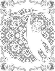 Sloth on Mandala Coloring Page. Printable Coloring Worksheet for Adults and Kids. Educational Resources for School and Preschool. Mandala Coloring for Adults