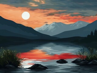 Beautiful sunset over a tranquil mountain lake with serene reflections and peaceful ambiance, perfect for nature lovers.