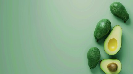 Avocados, a photorealistic illustration against pastel green background with copy space for text or logo, beautifully illuminated by studio lighting