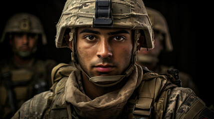 War solder in the war, hero mood on face, closeup 