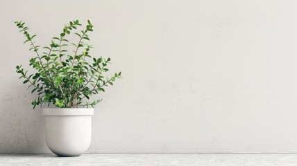 Green plant in white pot against blank wall
