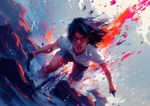 Dynamic action scene with vibrant colors depicting a determined character mid-movement in an intense and dramatic setting