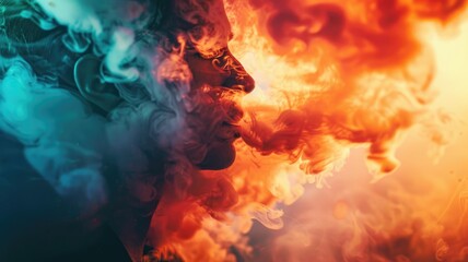 Silhouette of person in colorful, swirling smoke, dramatic lighting
