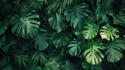 Fototapeta na wymiar Lush green tropical leaves overlapping under sunlight