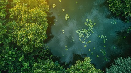 Aerial view of lush green trees and rippling water with lily pads