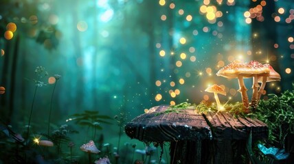 Enchanted forest with glowing mushrooms and magical lights at twilight