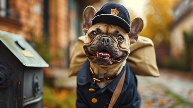 A French Bulldog wearing a postman's uniform and hat delivers a miniature package to a house-shaped mailbox. The dog holds a tiny mailbag over its shoulder and smiles cheerfully. 