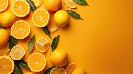 Fresh citrus fruits arranged aesthetically on vibrant yellow background - Powered by Adobe